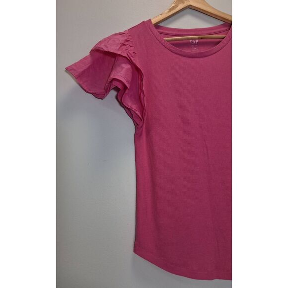 Gap womens medium ruffle flutter pink sleeve ribbed tshirt top - Picture 3 of 9